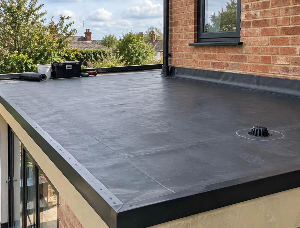 Newly fitted EPDM membrane on a British flat roof extension