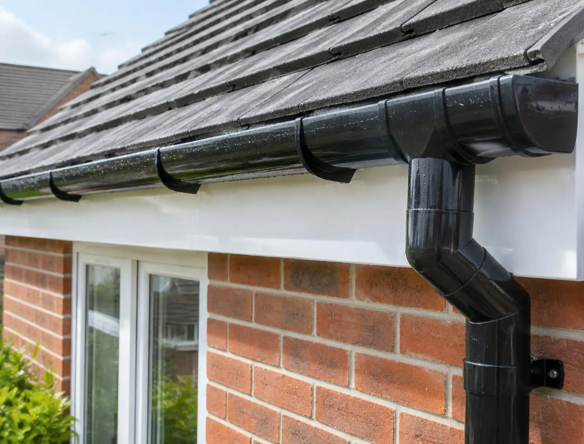 New black UPVC guttering fitted to a British home