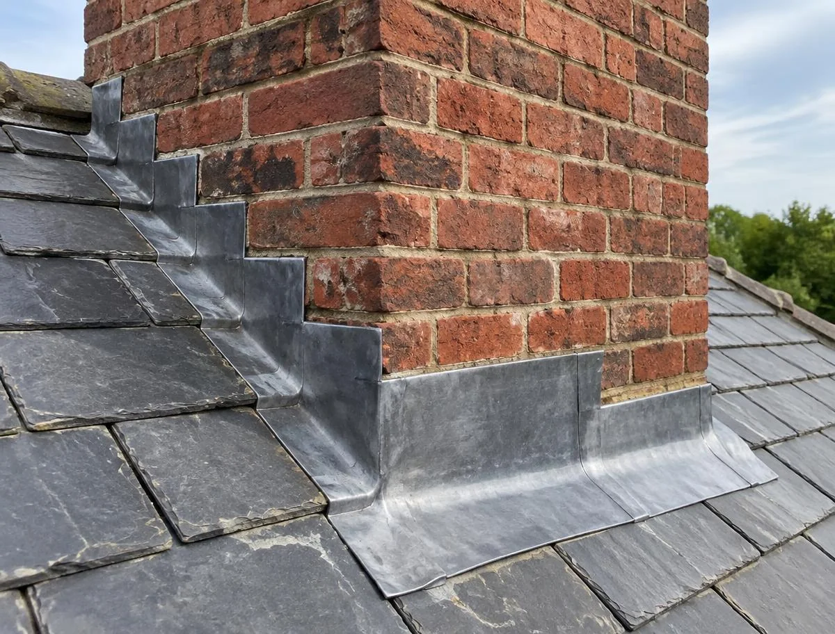 Neatly dressed lead flashing around a brick chimney