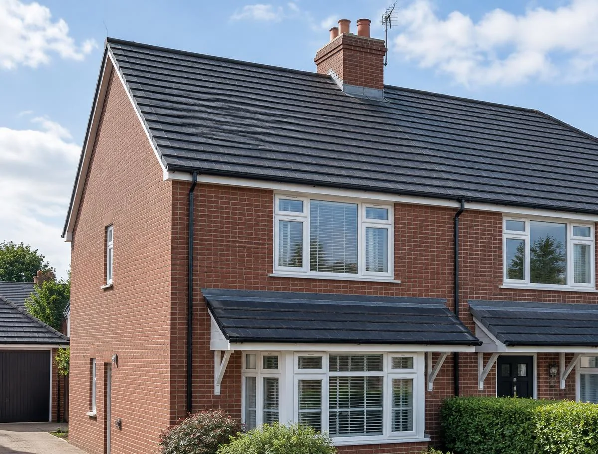 Newly completed dark tiled roof on a British brick home