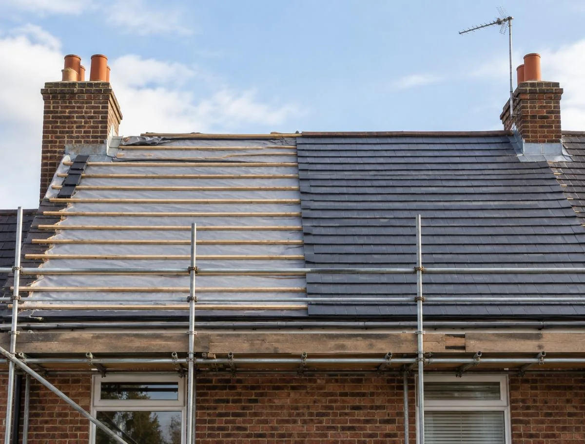 British terraced house midway through a careful re-roof