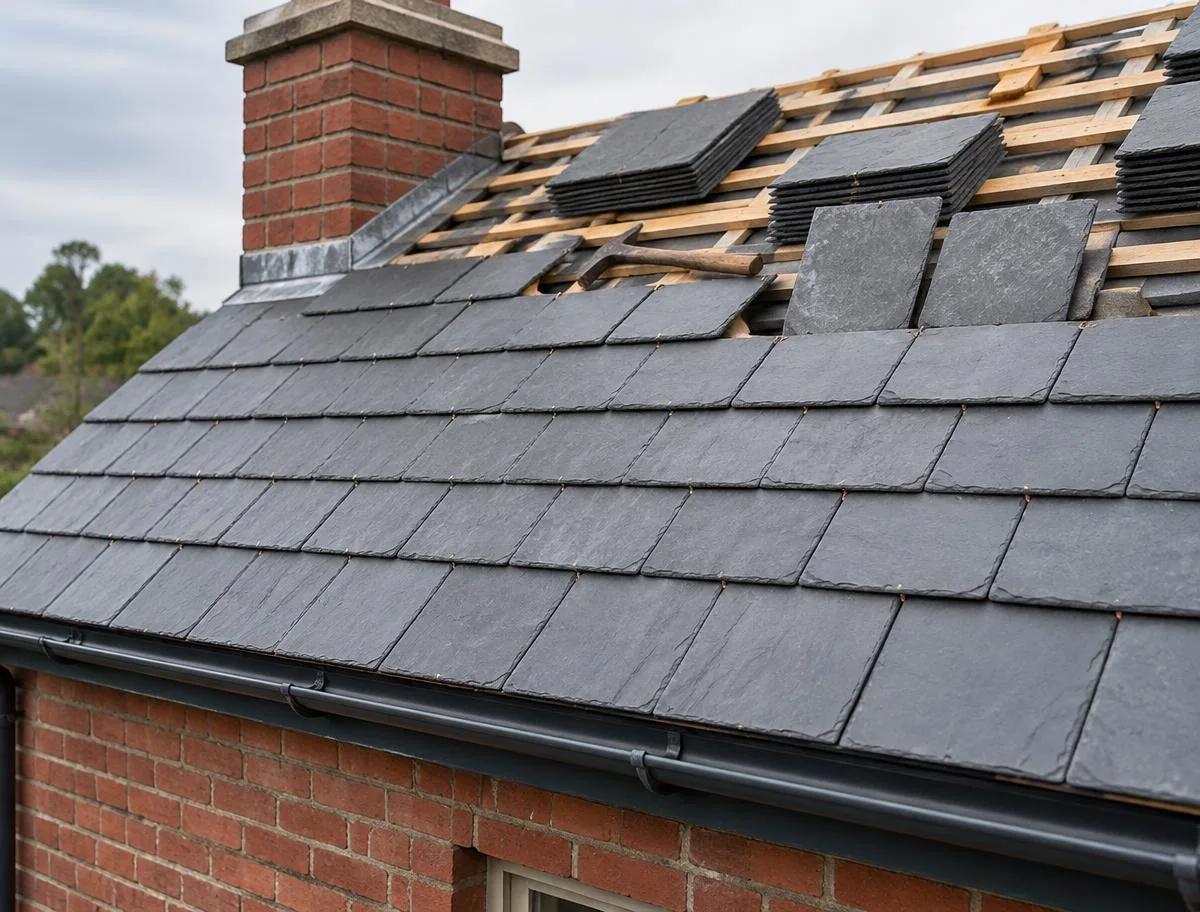 Natural slate tiles being installed on a traditional British roof