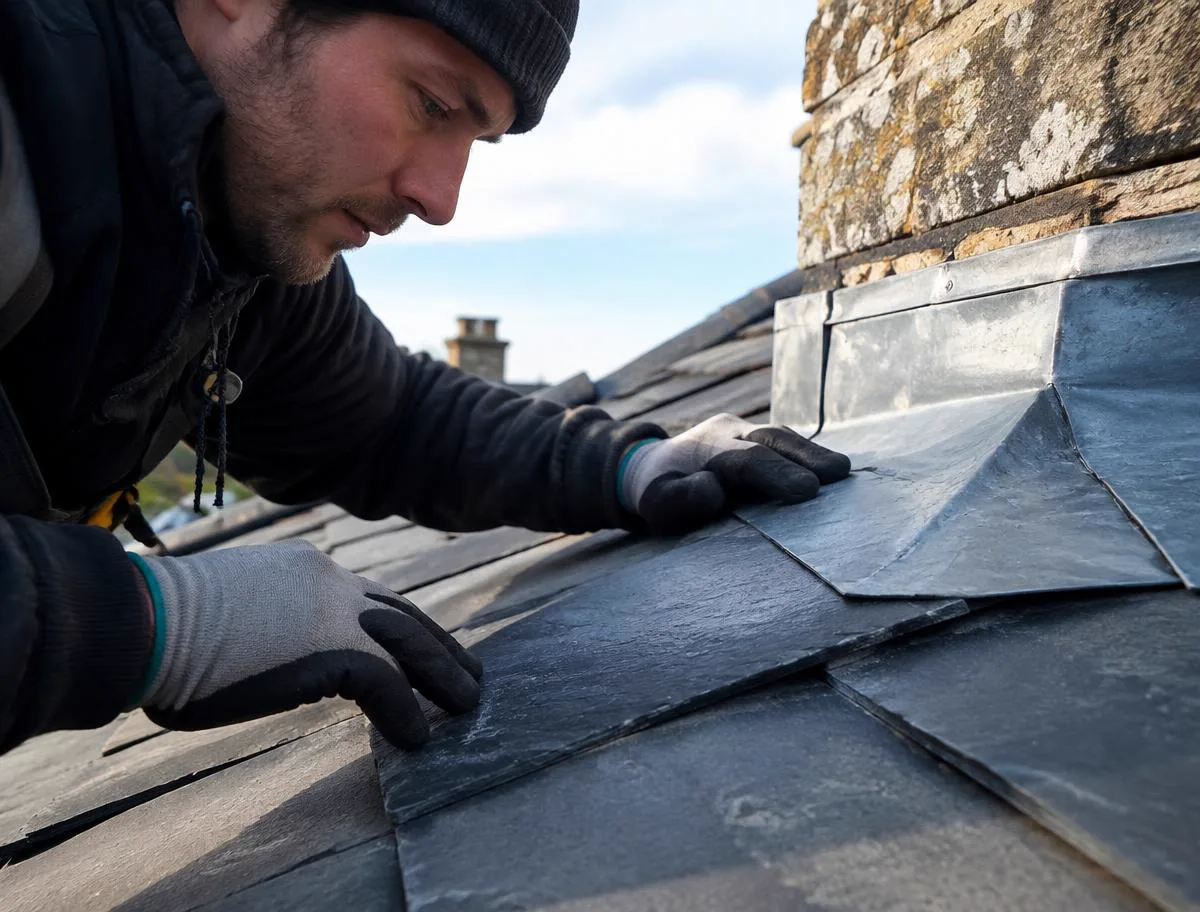 Roofer checking the finish around roof leadwork