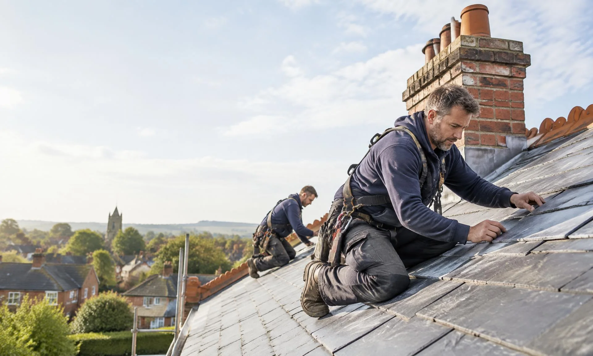 Roofing professionals working carefully on a British slate roof