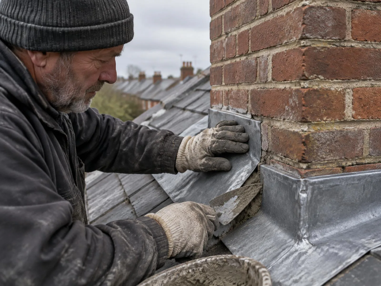 Roofer bedding lead flashing into the mortar joint of a brick chimney stack