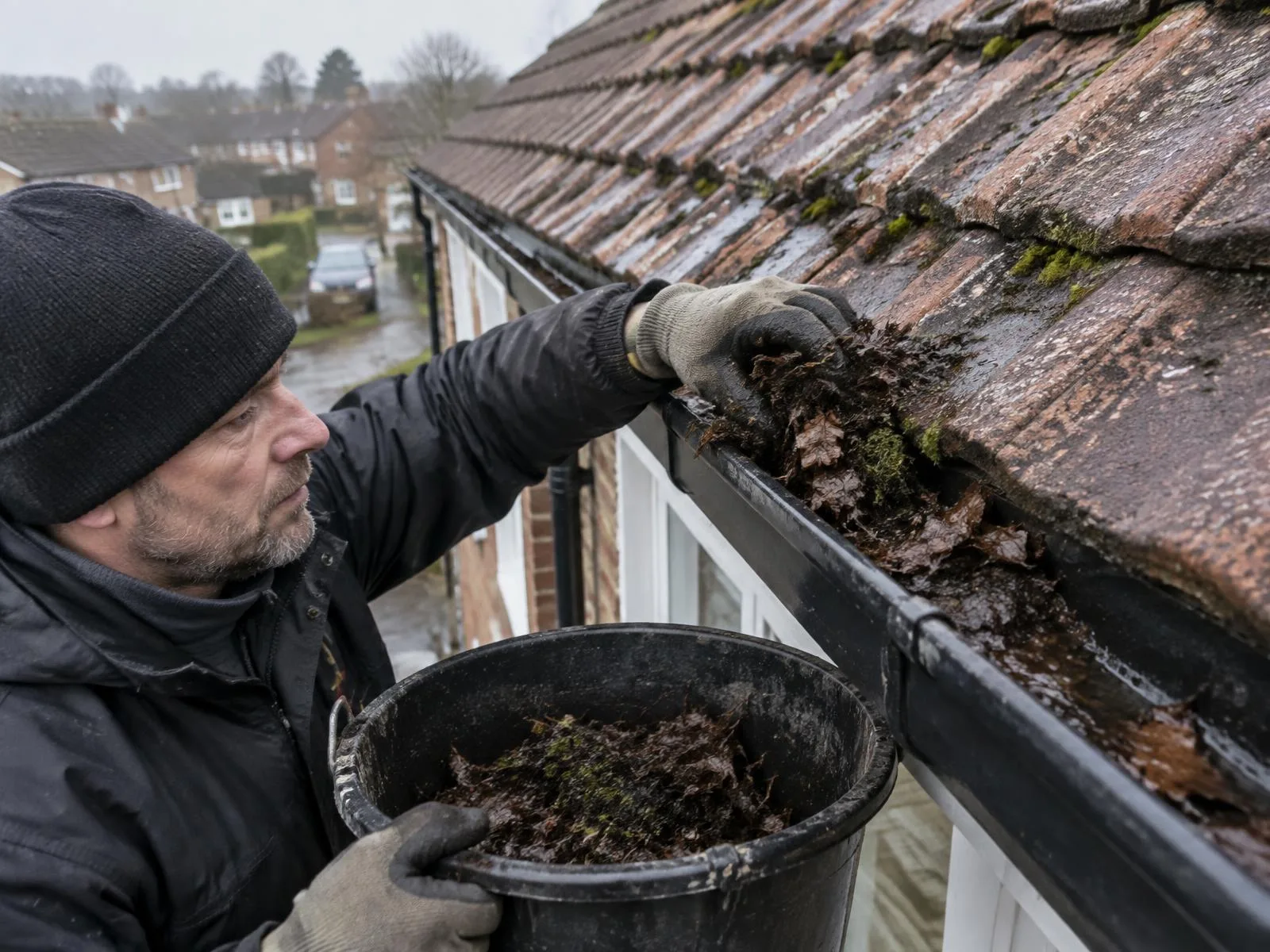 Roofer clearing wet leaves and moss from a black gutter by hand
